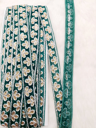 Wholesale Dark Green Net Lace Floral Embroidery & Glitter Gold Sequins, Indian Wedding Border, Gifting Ribbon Costume Trim Fashion Trimming